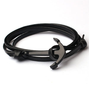 Night Black Leather Anchor Bracelet