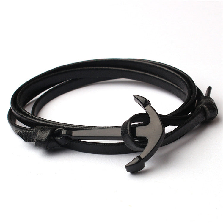 Night Black Leather Anchor Bracelet