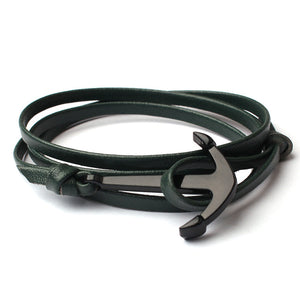 Olive Green Leather Anchor Bracelet