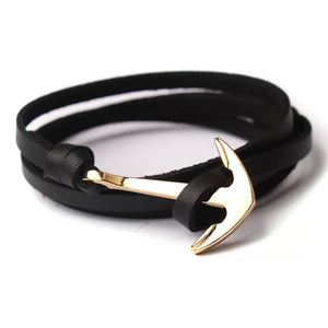 Golden Anchor Night Black Leather Bracelet