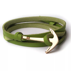 Olive Green Golden Anchor Leather Bracelet