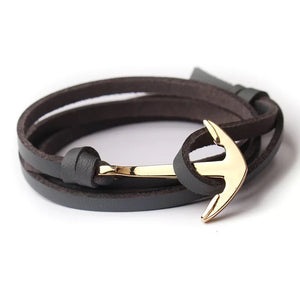 Espresso Brown Golden Anchor Leather Bracelet