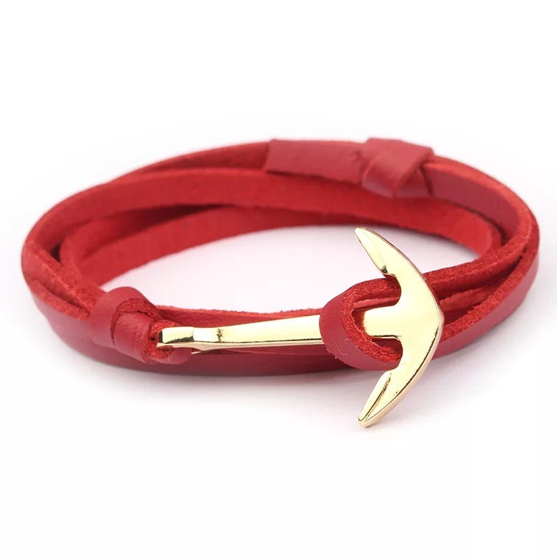 Rose Red Golden Anchor Leather Bracelet