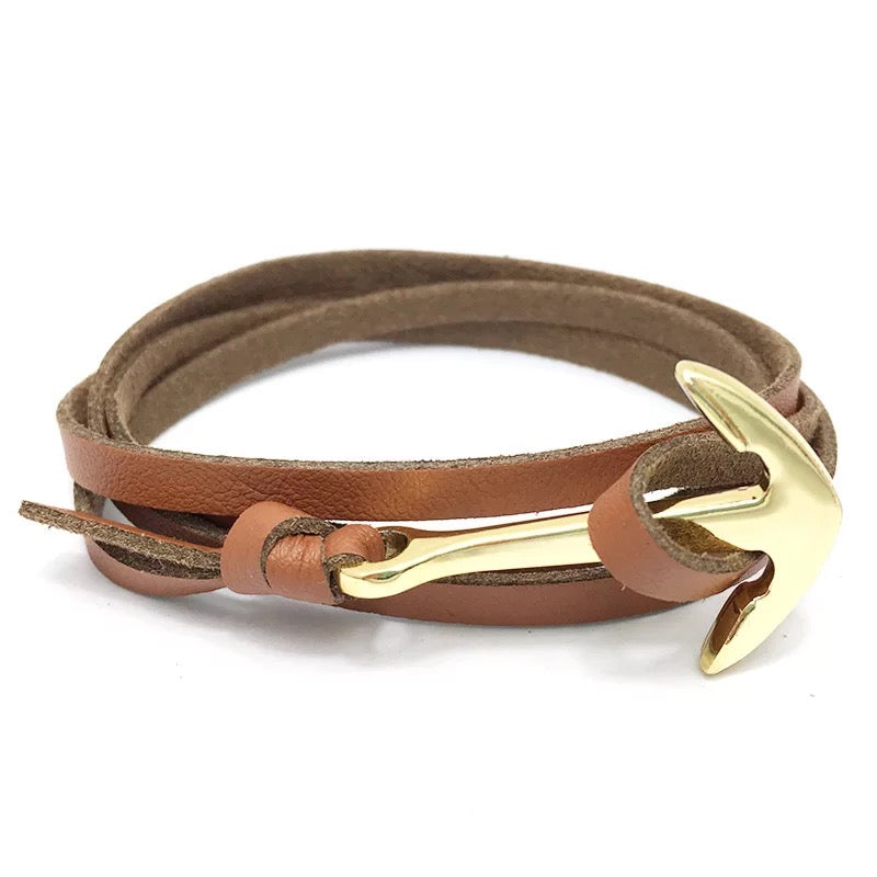 Tan Brown Golden Anchor Leather Bracelet