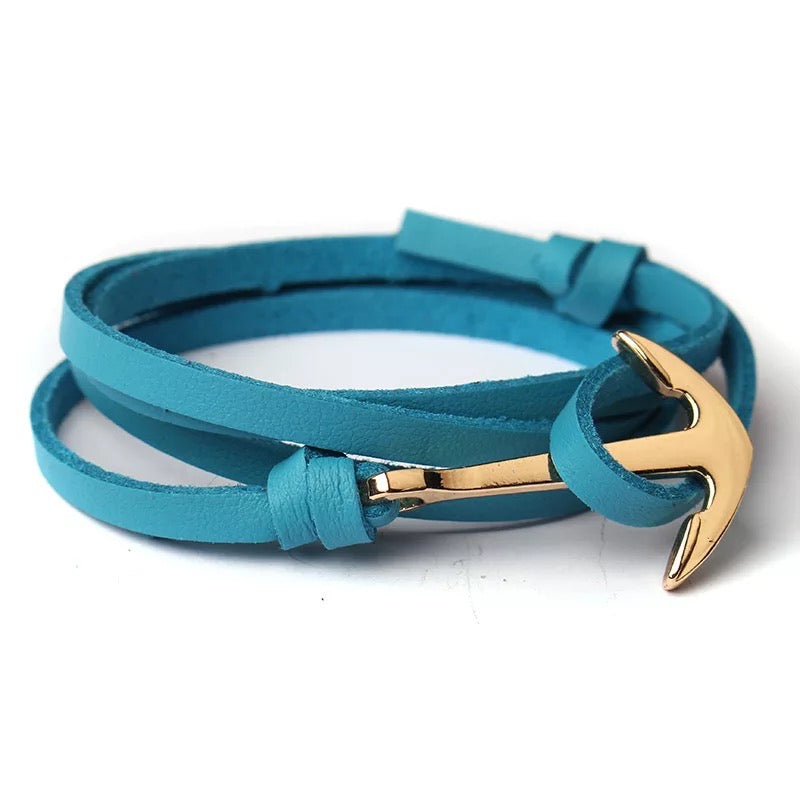 Baby Blue Golden Anchor Leather Bracelet