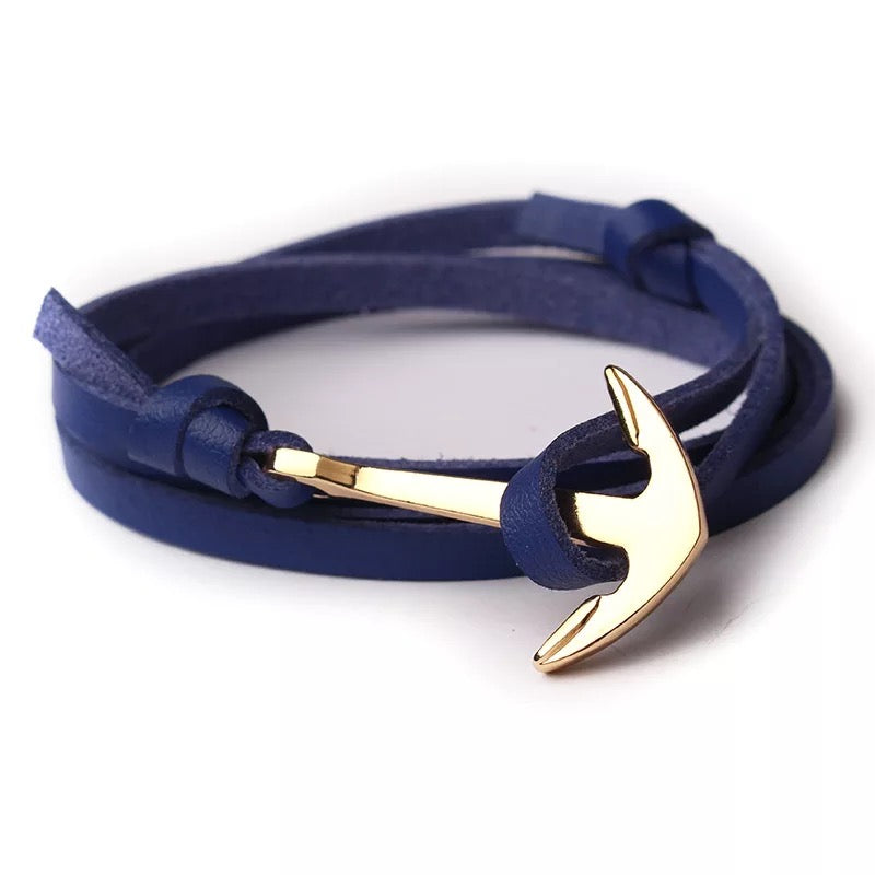 Navy Blue Golden Anchor Leather Bracelet