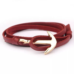 Cherry Red Golden Anchor Leather Bracelet