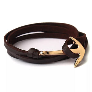 Umber Brown Golden Anchor Leather Bracelet