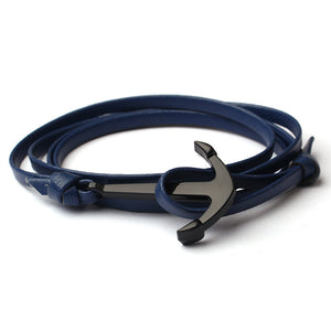 Navy Blue Leather Anchor Bracelet