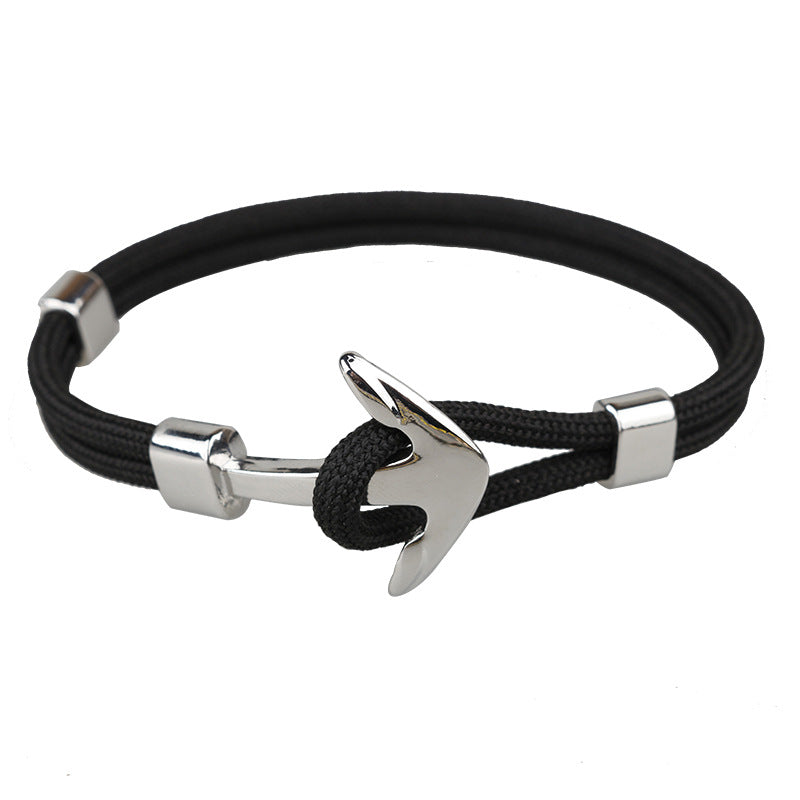 Silver Anchor Black Rope Bracelet